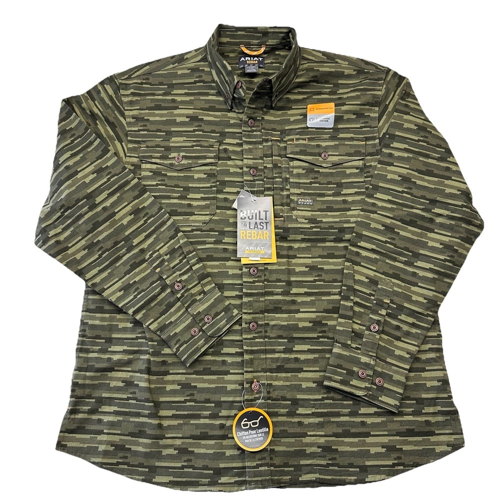 Ariat Men's X-Large Rebar Durastretch Flannel Green Camo Plad Shirt‎